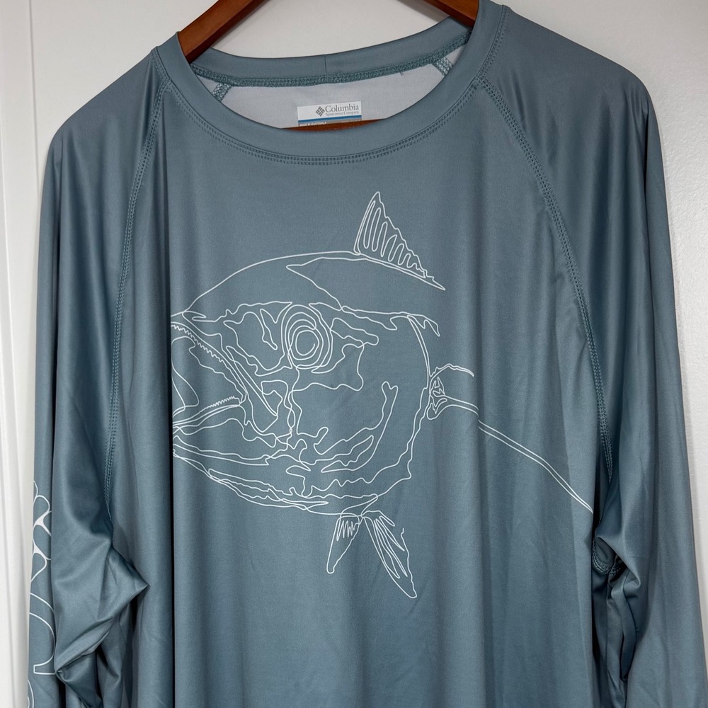Columbia PFG Mens XXL Blue Long Sleeve Tuna Graphic Fishing Shirt Omni-Shade